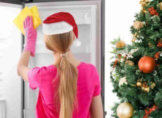 Donna che pulisce il frigo a Natale