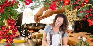 Una donna che cucina felice a Natale